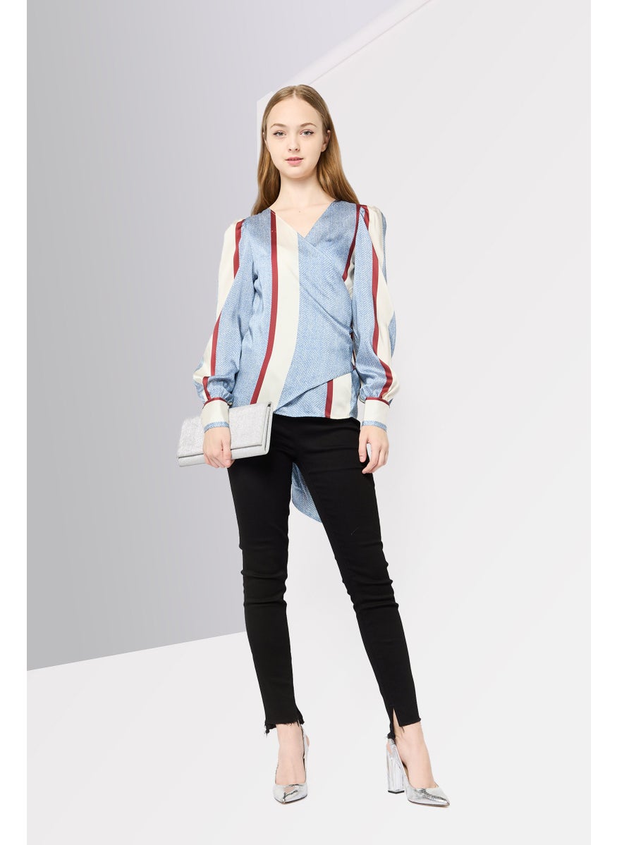 Women V-Neck Long Sleeves Stripe Blouse, Multicolor