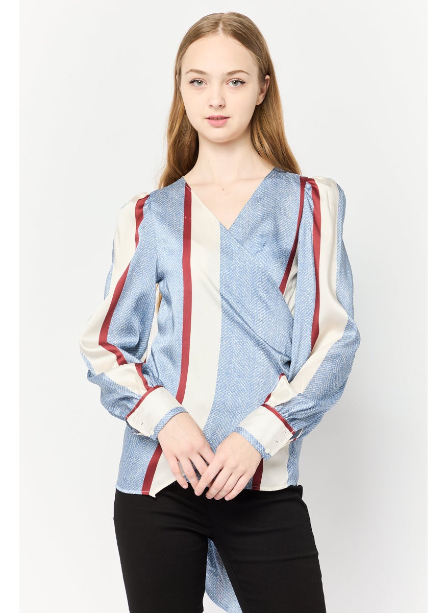 Women V-Neck Long Sleeves Stripe Blouse, Multicolor
