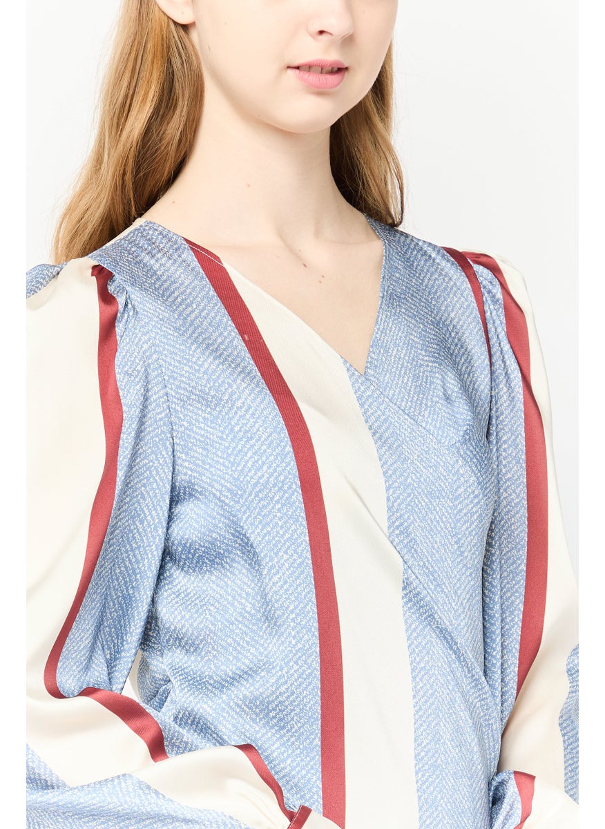 Women V-Neck Long Sleeves Stripe Blouse, Multicolor