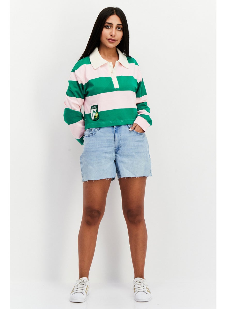 Women Spread Collar Long Sleeve Color Block Top, Green/Pink