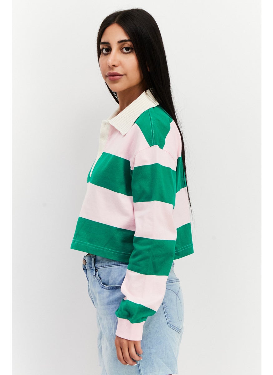 Women Spread Collar Long Sleeve Color Block Top, Green/Pink