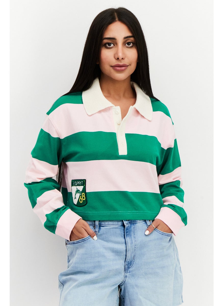 Women Spread Collar Long Sleeve Color Block Top, Green/Pink