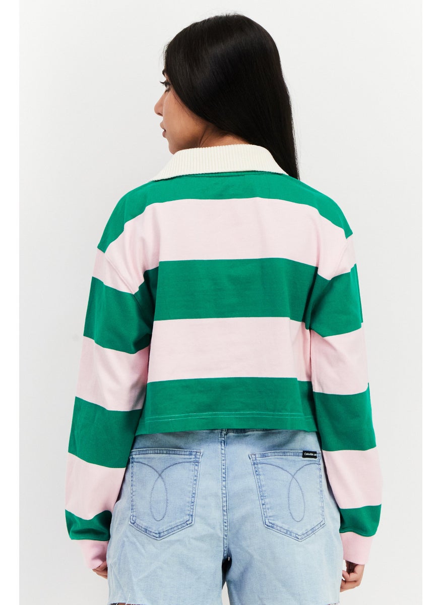 Women Spread Collar Long Sleeve Color Block Top, Green/Pink