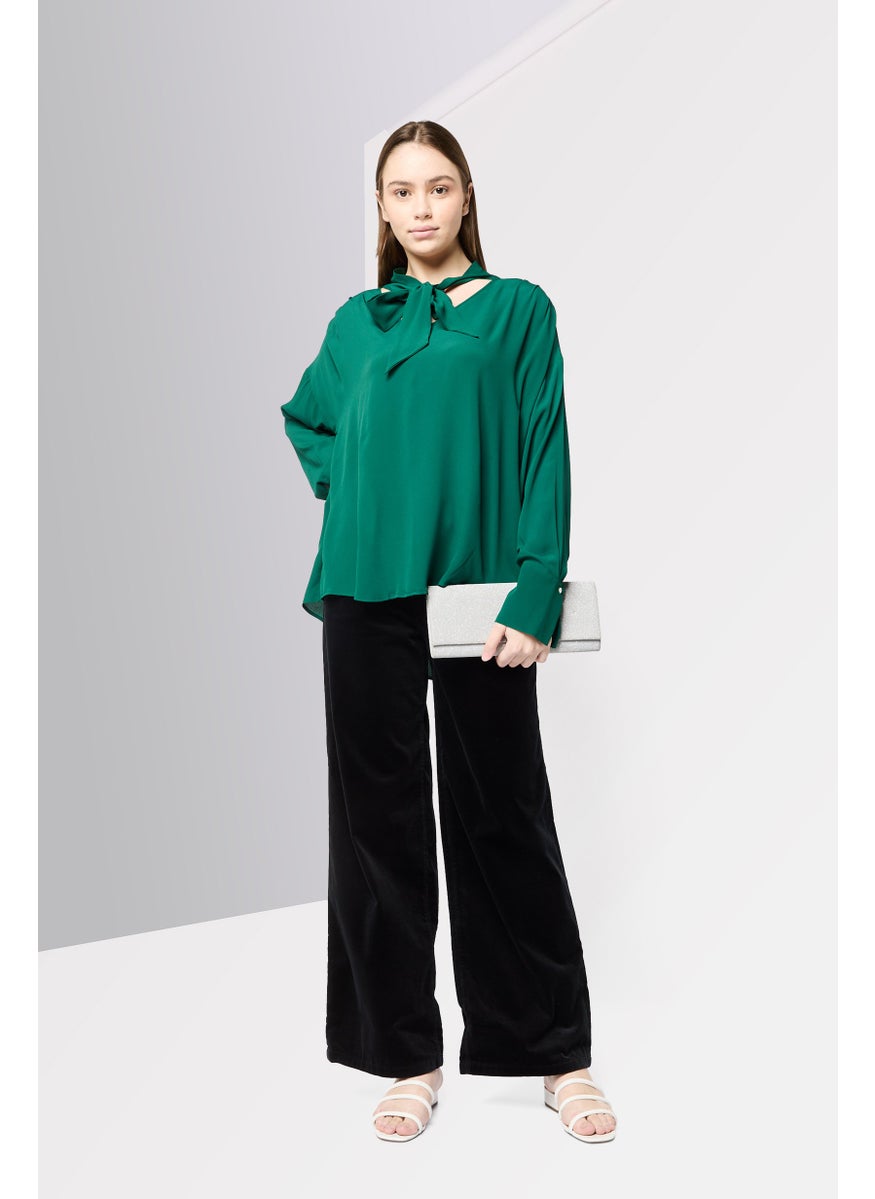 Women V-Neck Long Sleeves Plain Top, Forest Green