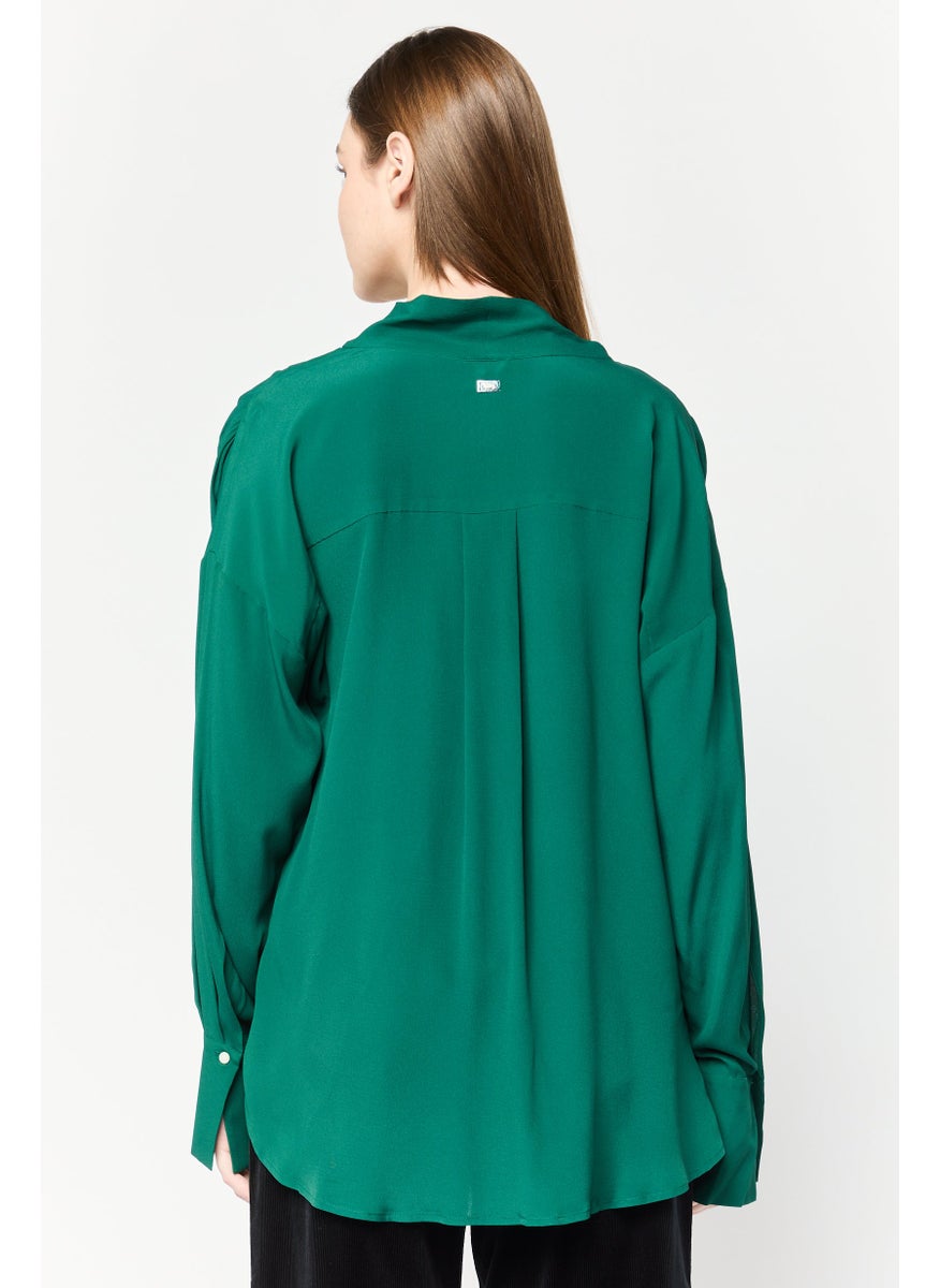 Women V-Neck Long Sleeves Plain Top, Forest Green