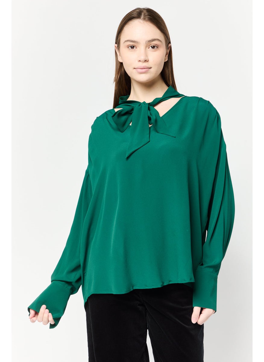 Women V-Neck Long Sleeves Plain Top, Forest Green