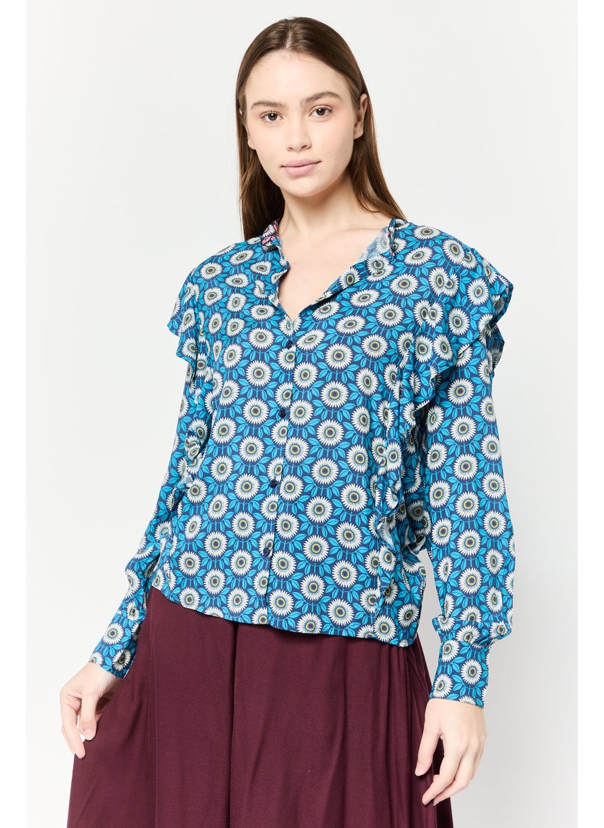Women Band Collar Long Sleeves Graphic Print Blouse, Multicolor