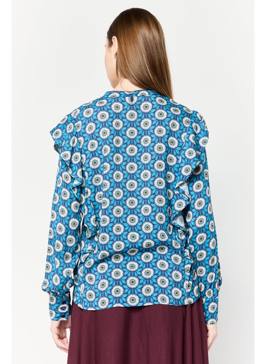 Women Band Collar Long Sleeves Graphic Print Blouse, Multicolor