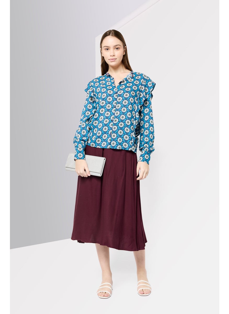 Women Band Collar Long Sleeves Graphic Print Blouse, Multicolor