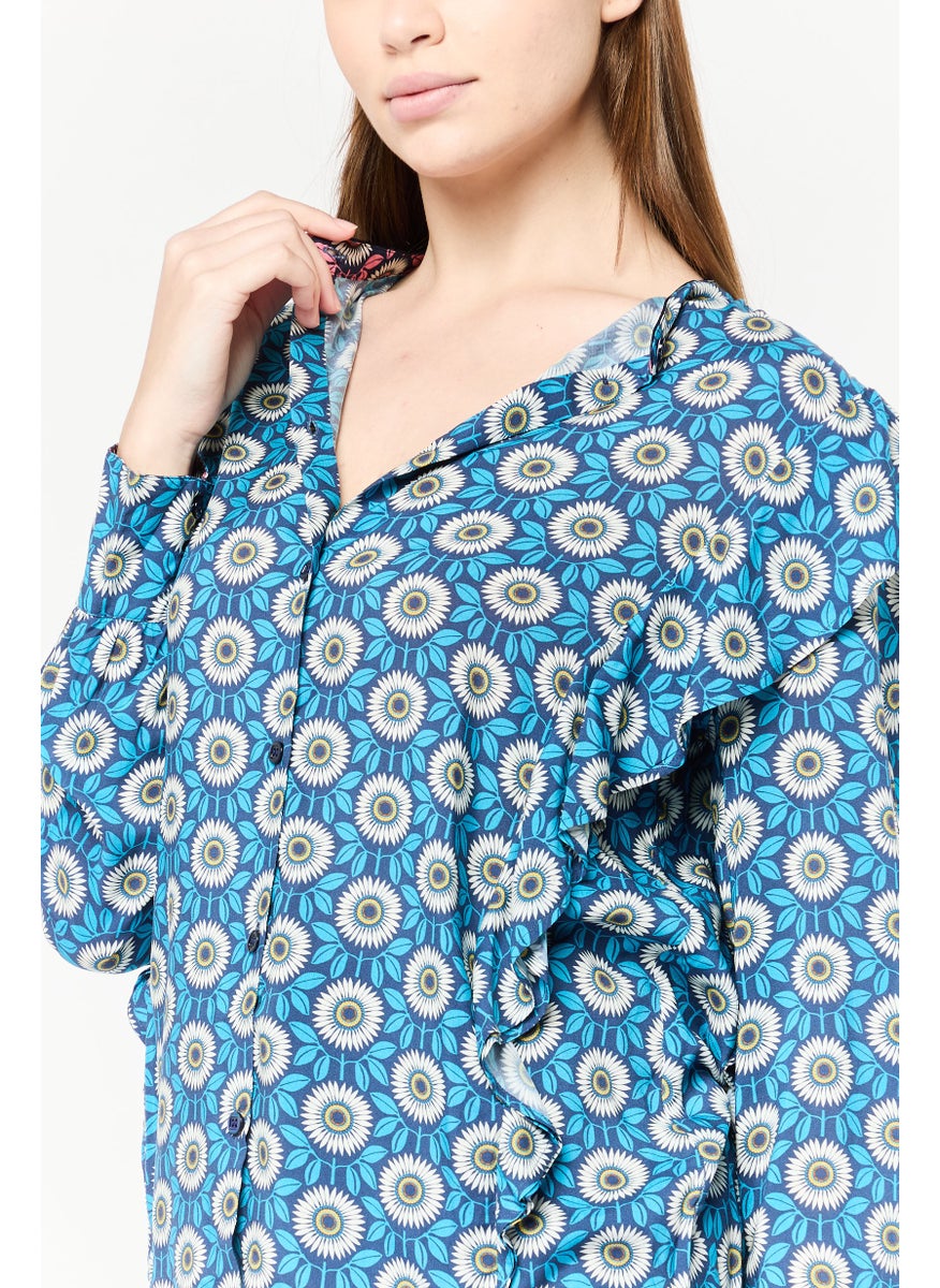 Women Band Collar Long Sleeves Graphic Print Blouse, Multicolor