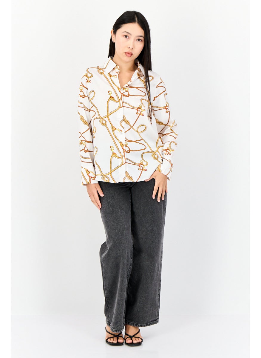 Women Spread Collar Allover Print Satin Shirt, Multicolor