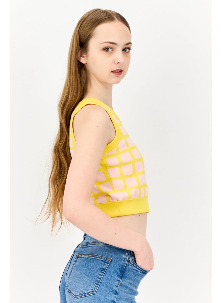 Women Round Neck Sleeveless Windowpane Pattern Cropped Top, Multicolor