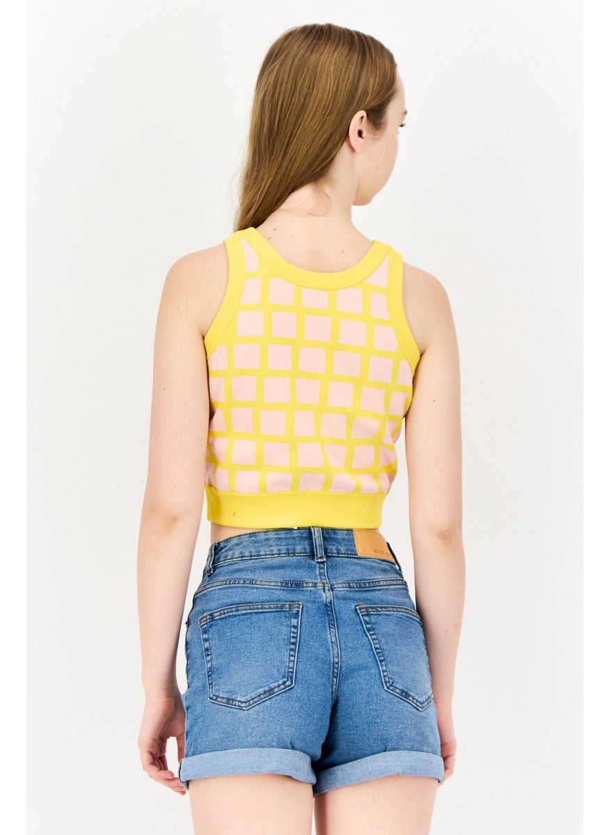 Women Round Neck Sleeveless Windowpane Pattern Cropped Top, Multicolor