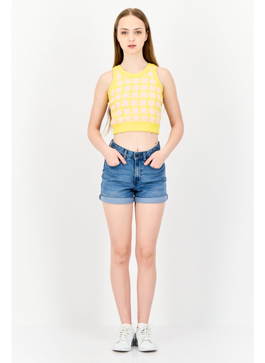 Women Round Neck Sleeveless Windowpane Pattern Cropped Top, Multicolor