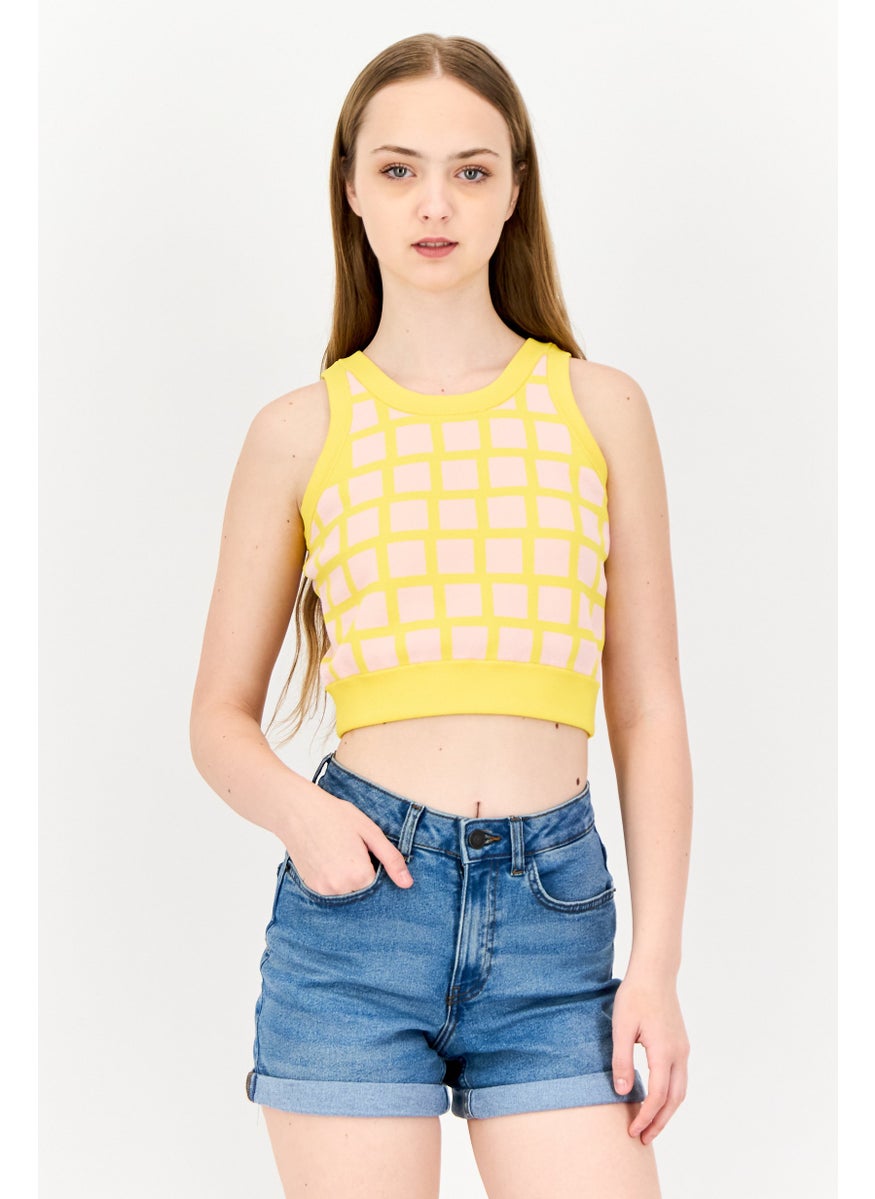 Women Round Neck Sleeveless Windowpane Pattern Cropped Top, Multicolor