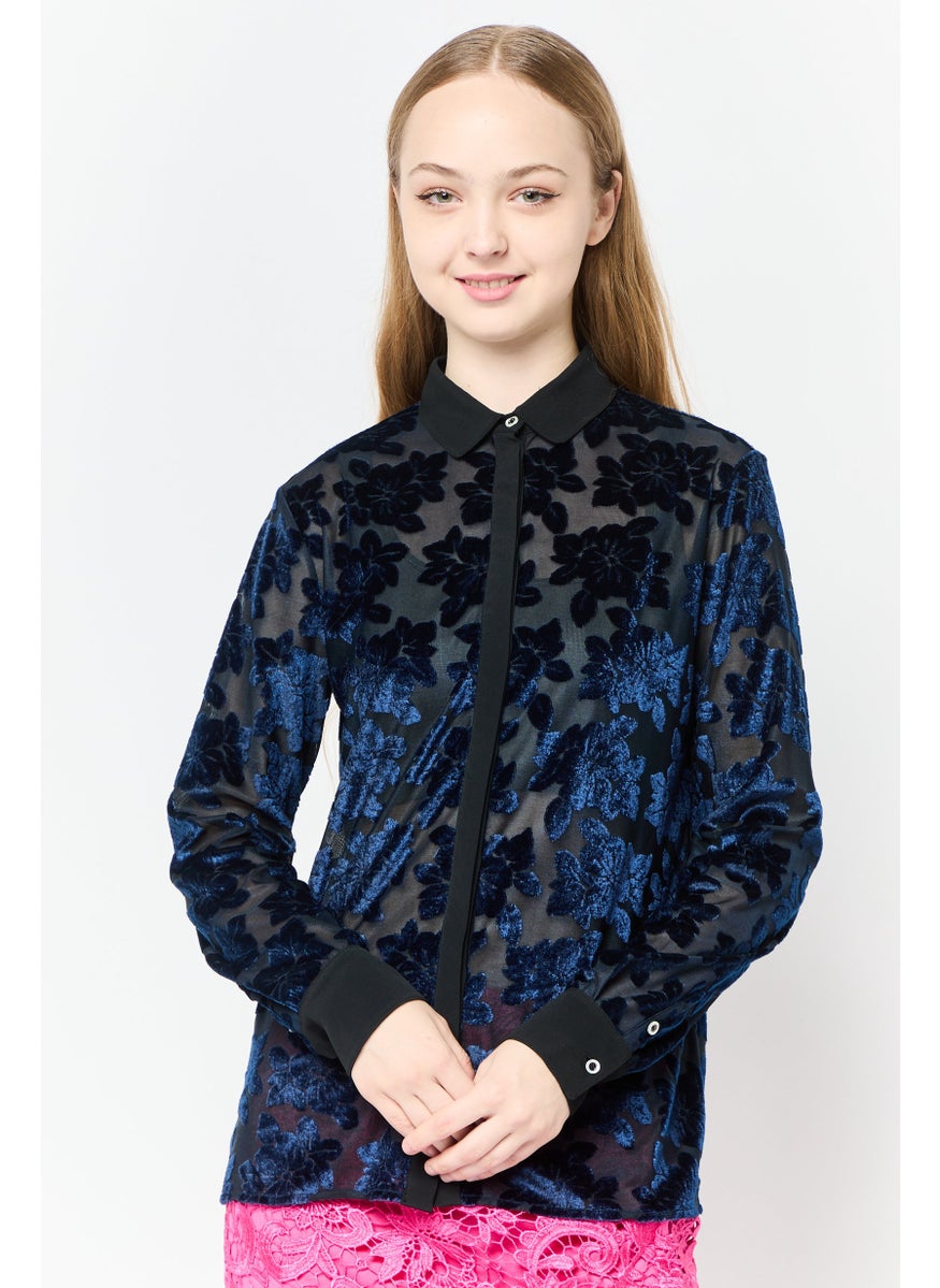 Women Spread Collar Long Sleeves Textured Blouse, Navy