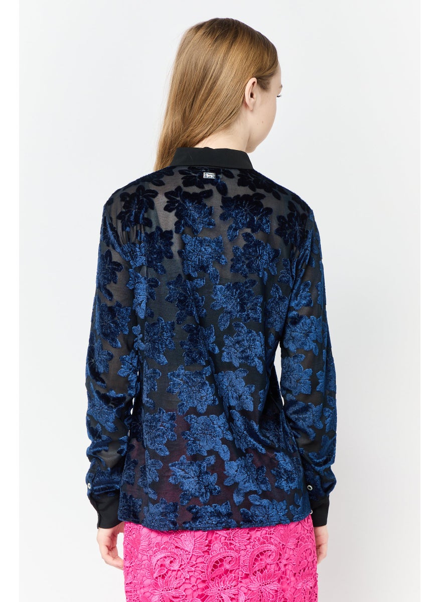 Women Spread Collar Long Sleeves Textured Blouse, Navy