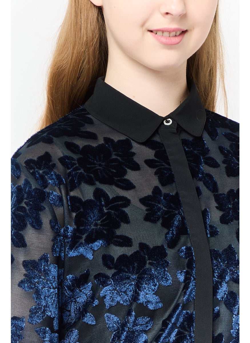 Women Spread Collar Long Sleeves Textured Blouse, Navy