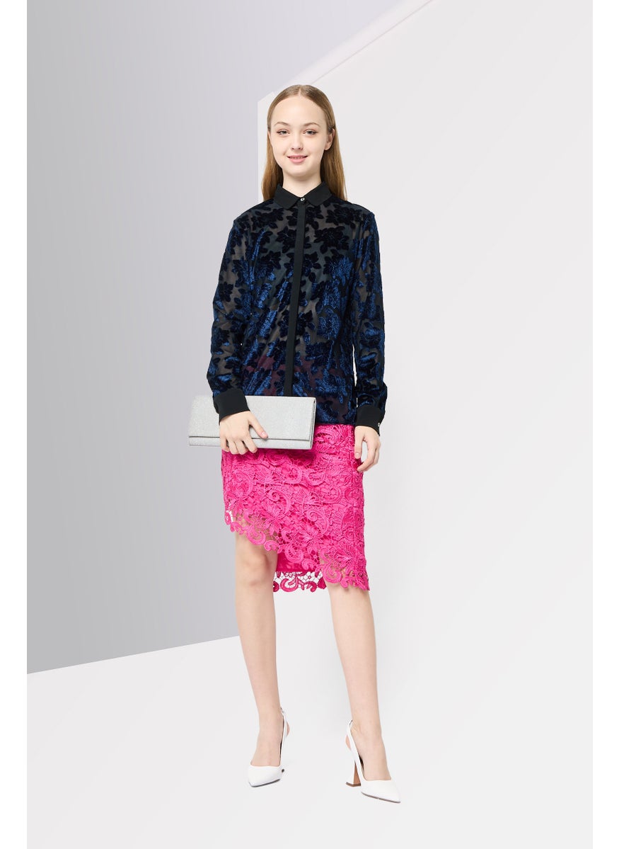 Women Spread Collar Long Sleeves Textured Blouse, Navy