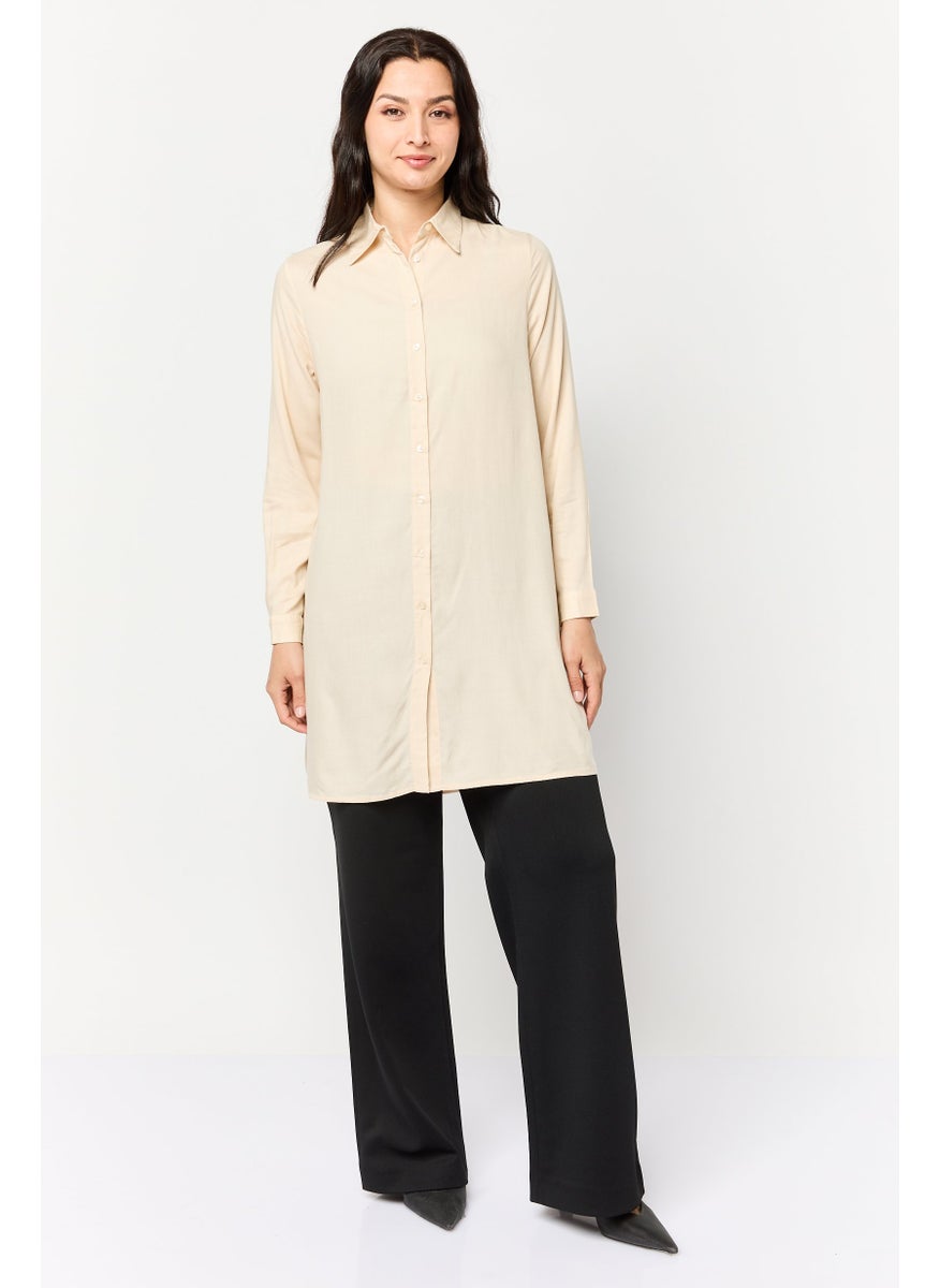 Women Spread Collar Long Sleeve Plain Blouse, Beige