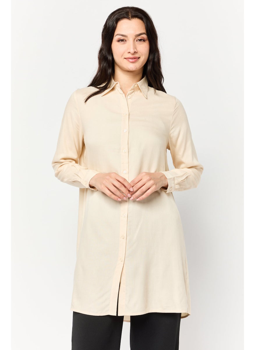 Women Spread Collar Long Sleeve Plain Blouse, Beige