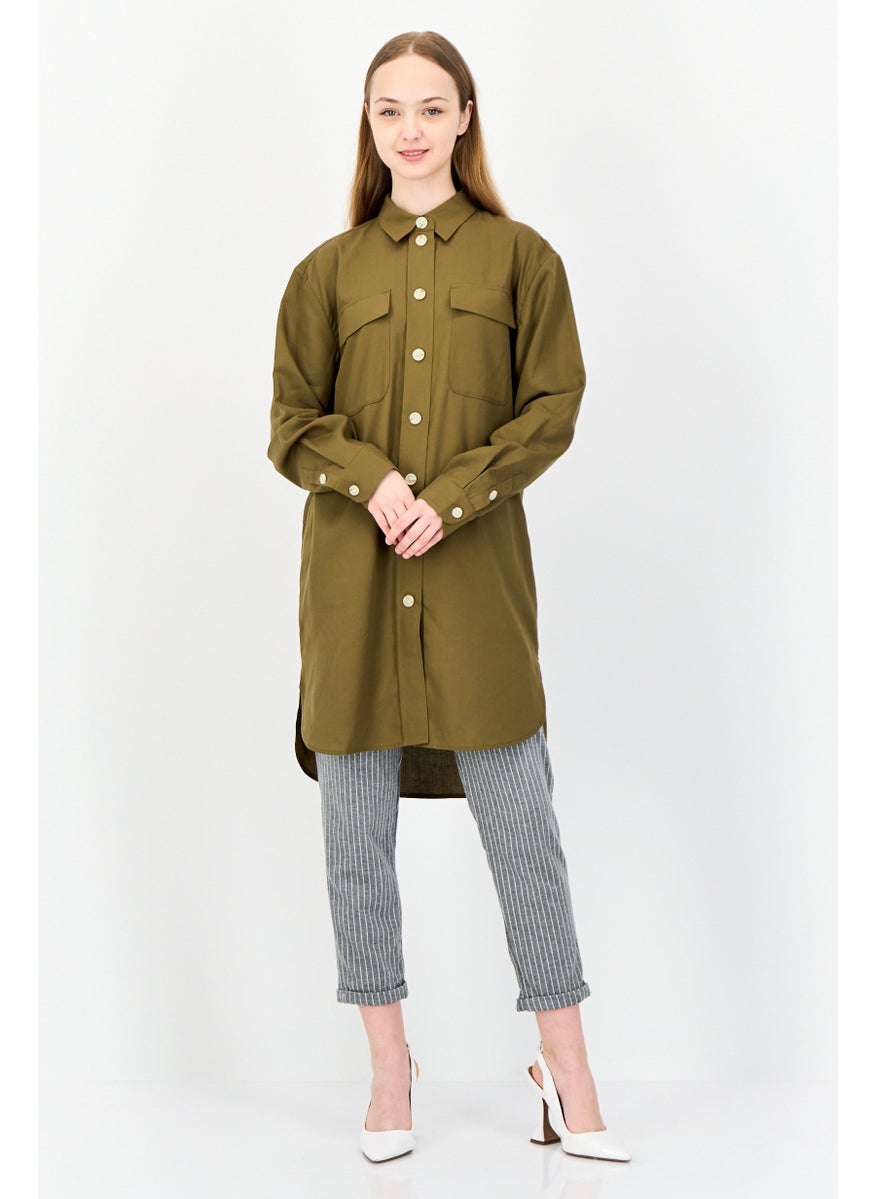Women Sppread Collar Long Sleeves Tunic Shirt, Olive