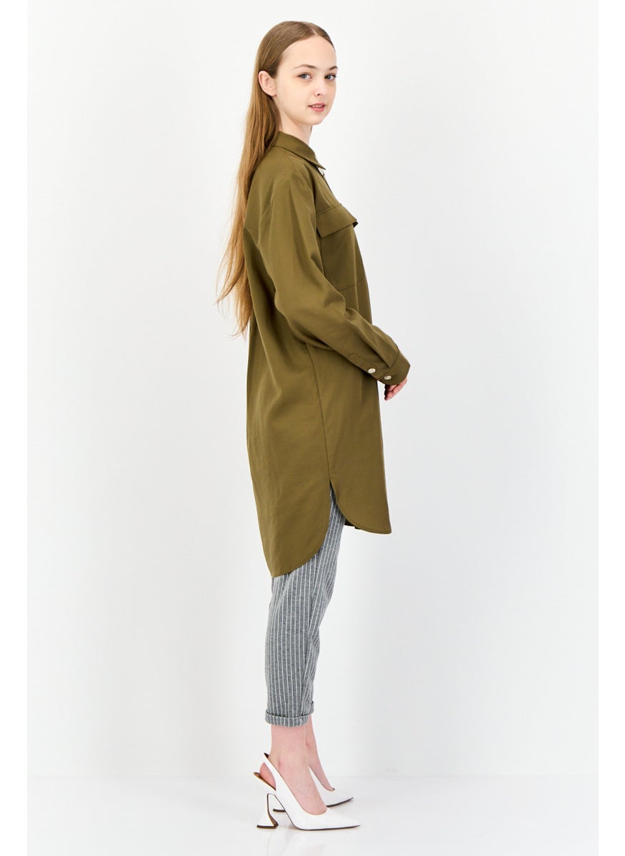 Women Sppread Collar Long Sleeves Tunic Shirt, Olive