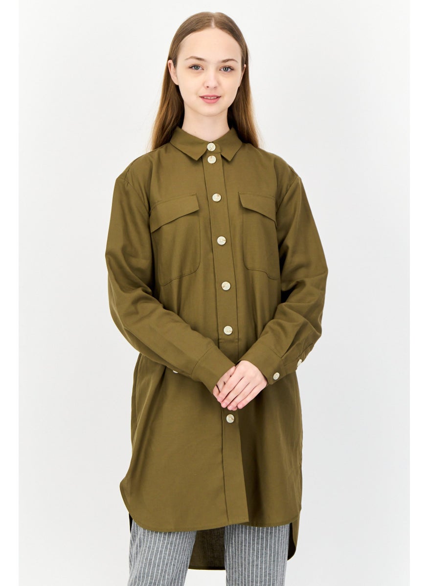 Women Sppread Collar Long Sleeves Tunic Shirt, Olive