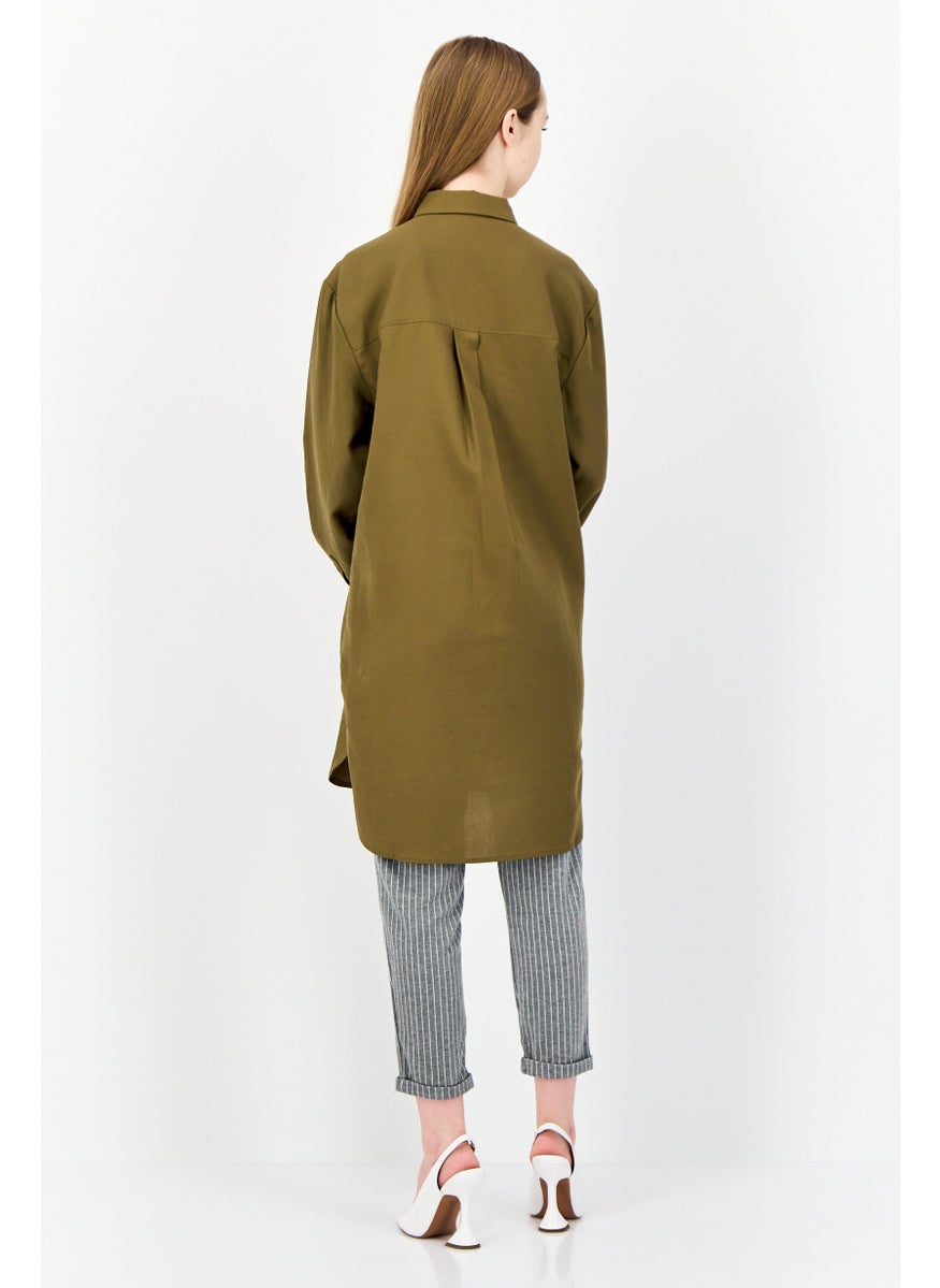 Women Sppread Collar Long Sleeves Tunic Shirt, Olive