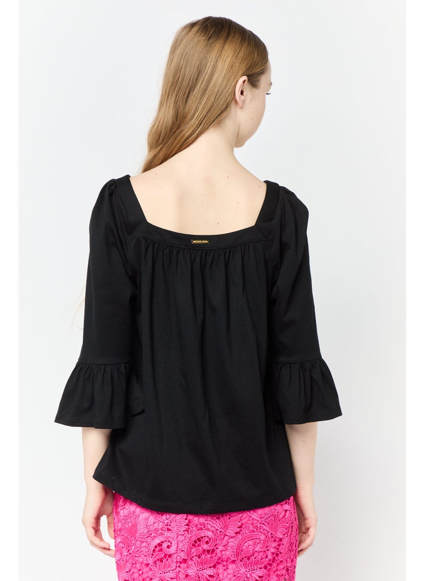 Women Square Neck Elbow Sleeve Plain Blouse, Black