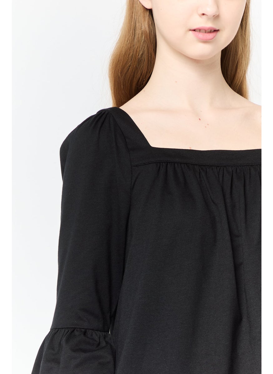 Women Square Neck Elbow Sleeve Plain Blouse, Black