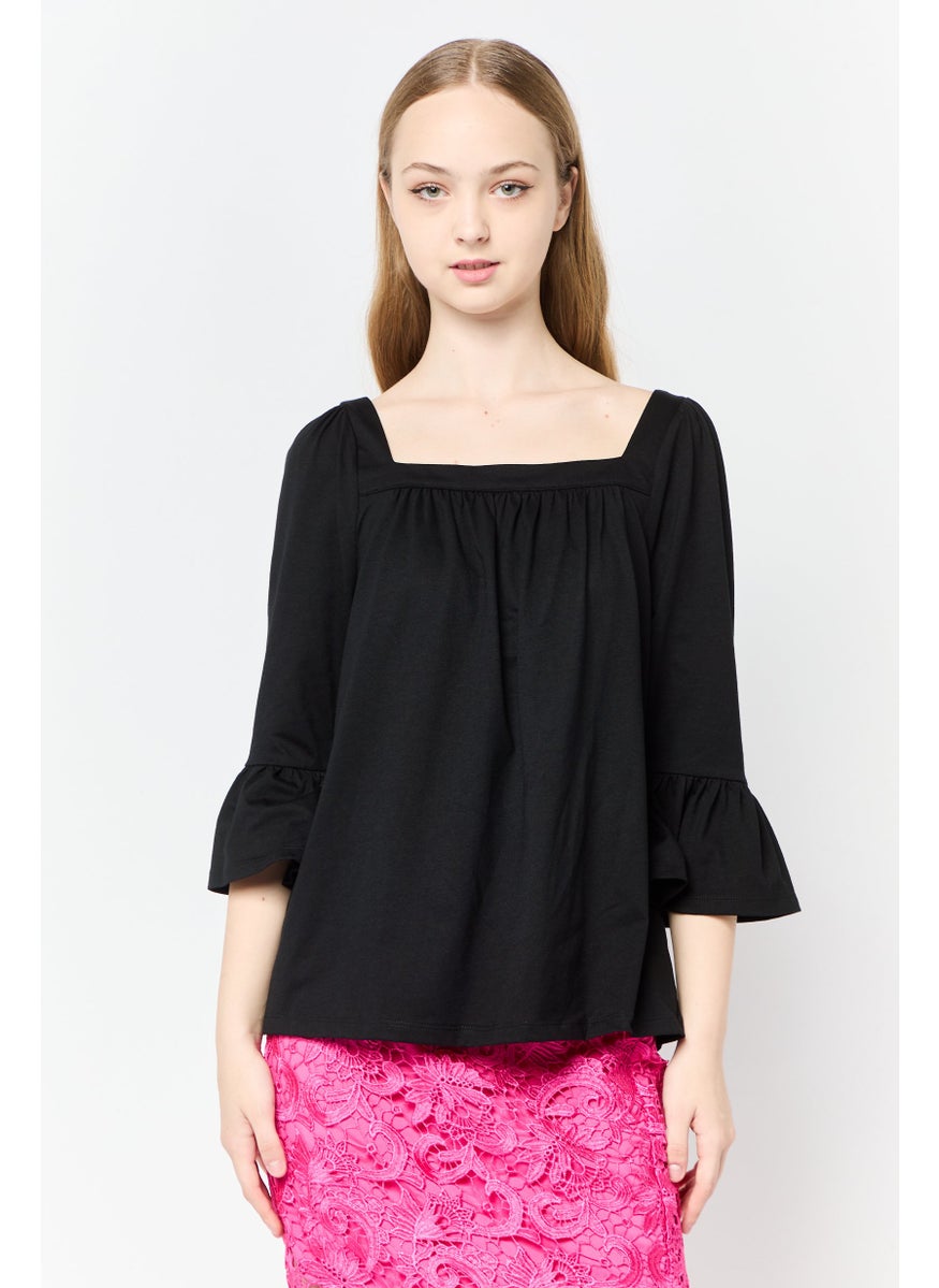 Women Square Neck Elbow Sleeve Plain Blouse, Black