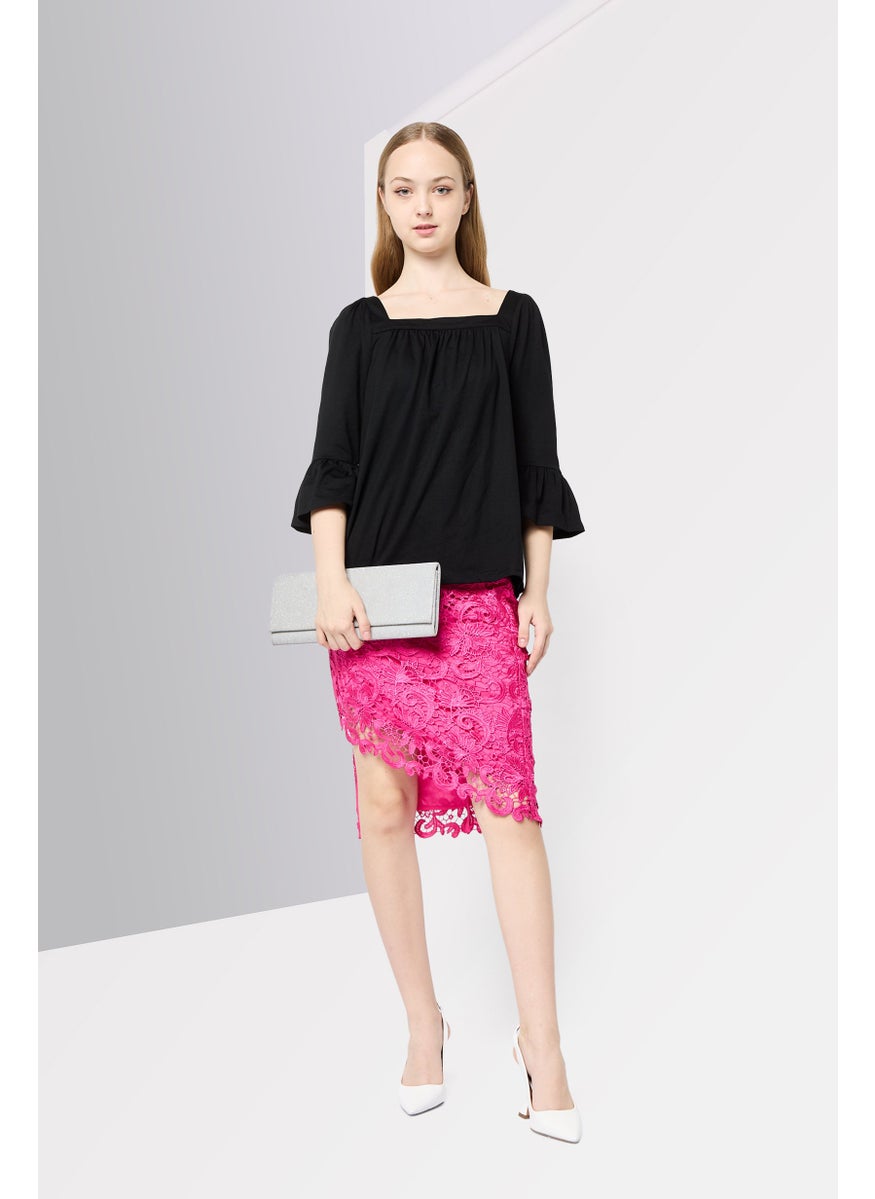 Women Square Neck Elbow Sleeve Plain Blouse, Black