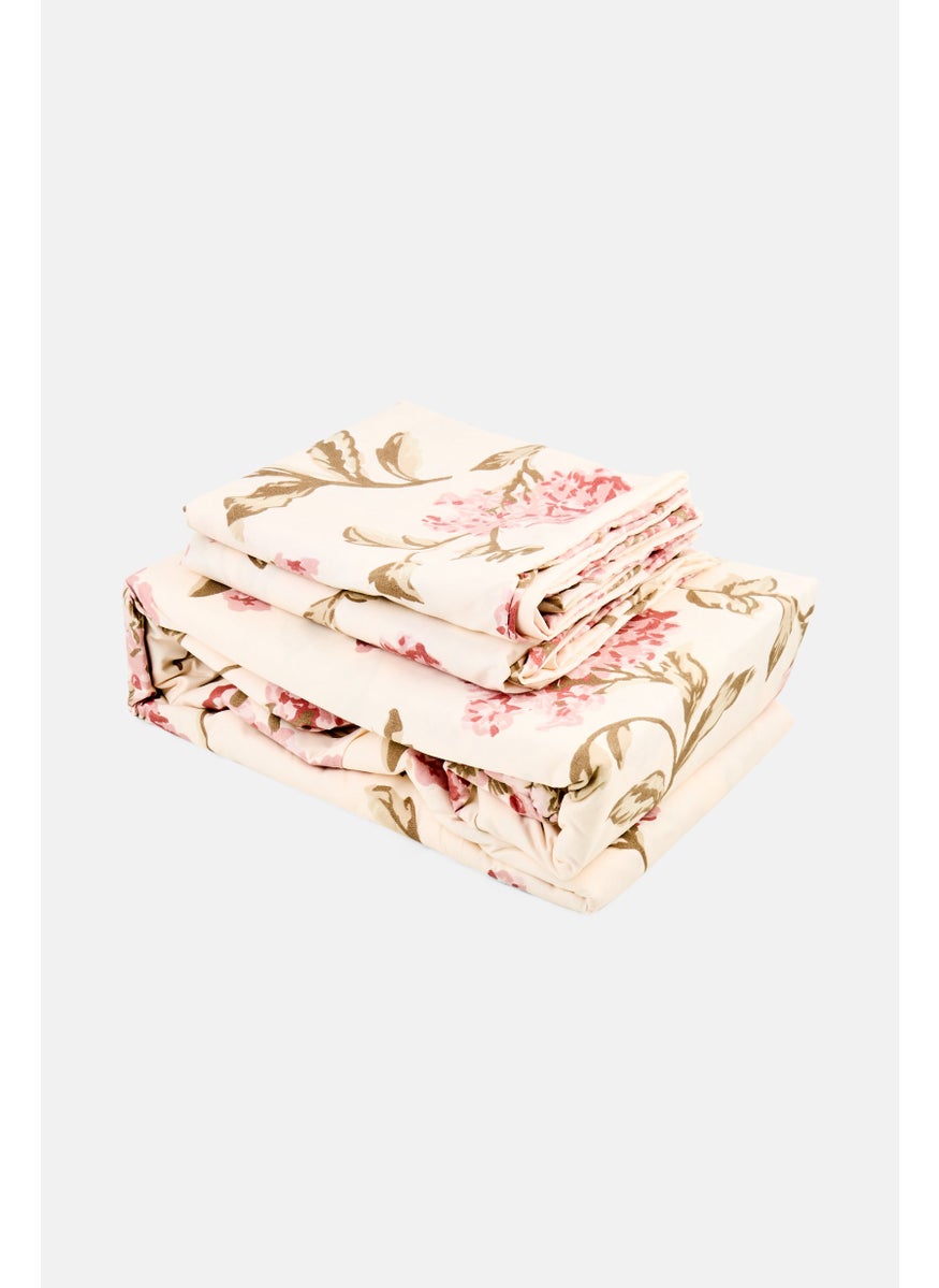 3 Pieces Floral Pattern Cotton Feel Duvet With Pillow Case Set, Multicolor