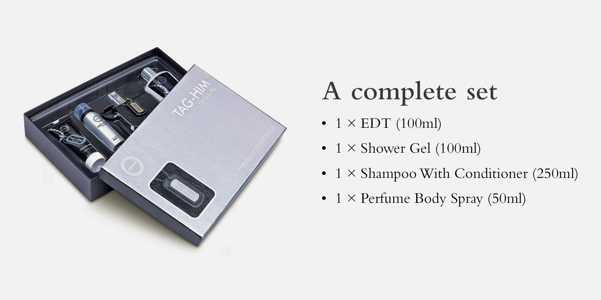 Tag Him Gift Set (EDT Spray 100ml, Shower Gel 100ml, Shampoo With Conditioner 250ml, Perfume Body Spray 50ml)