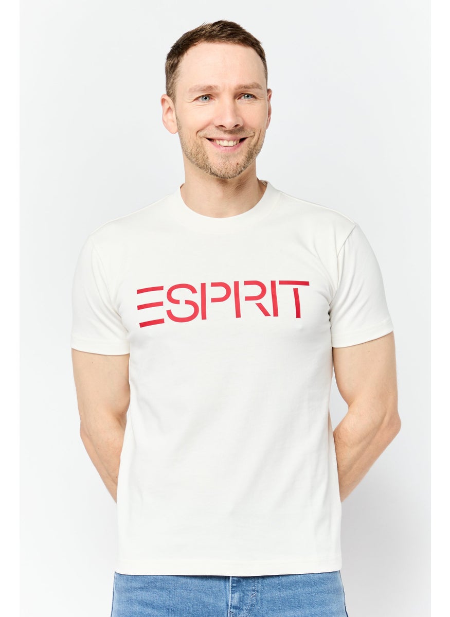 Men Crew Neck Short Sleeves Brand Logo T-Shirt, Off White