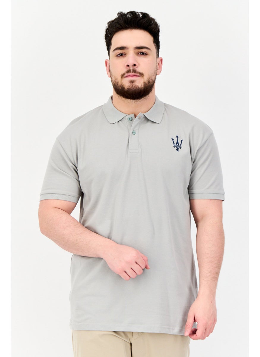Men Regular Fit Brand Logo Short Sleeves Polo Shirt, Light Grey