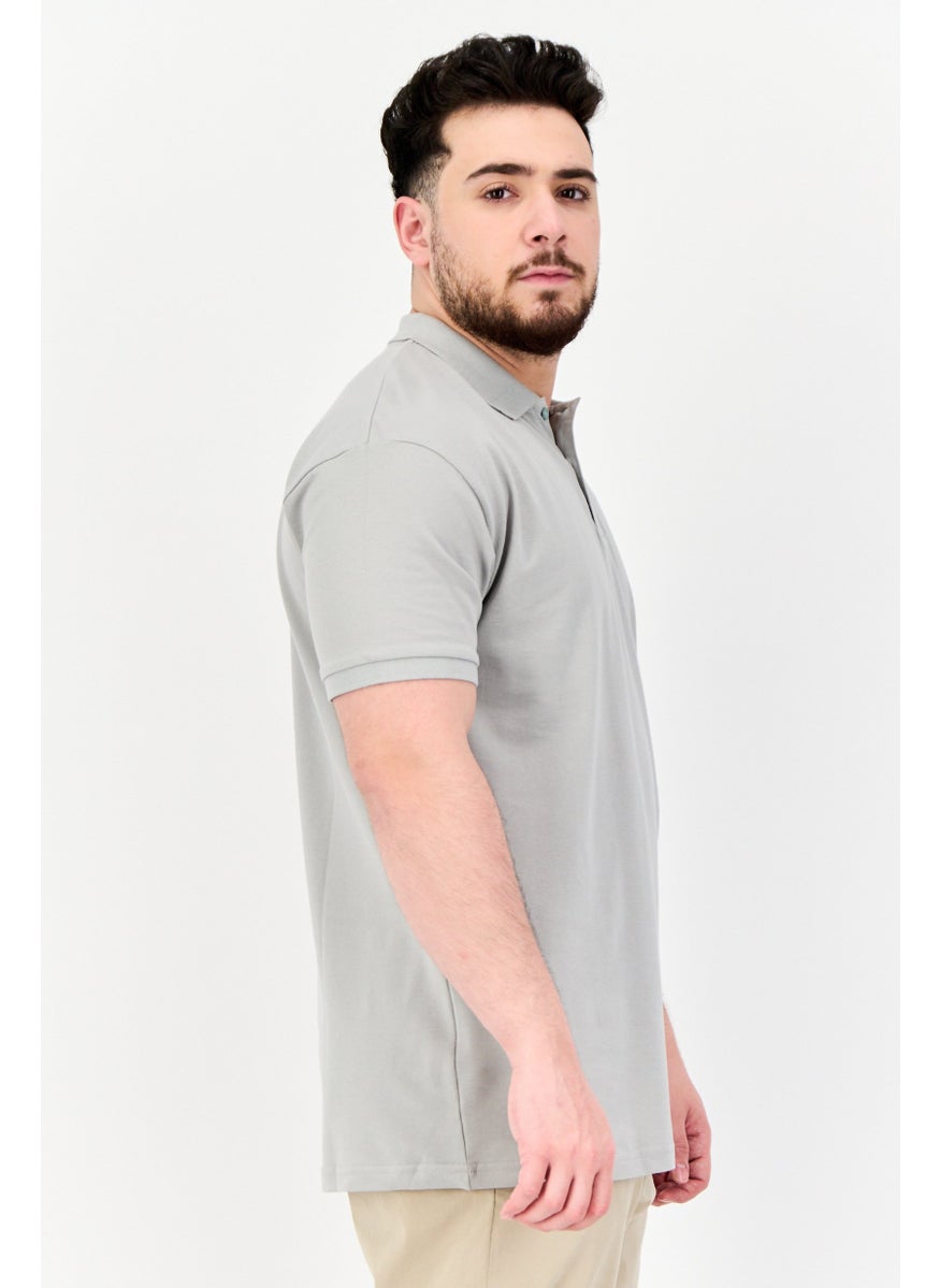 Men Regular Fit Brand Logo Short Sleeves Polo Shirt, Light Grey