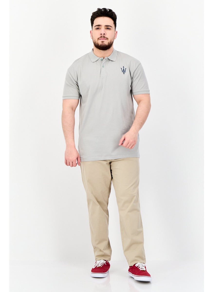 Men Regular Fit Brand Logo Short Sleeves Polo Shirt, Light Grey