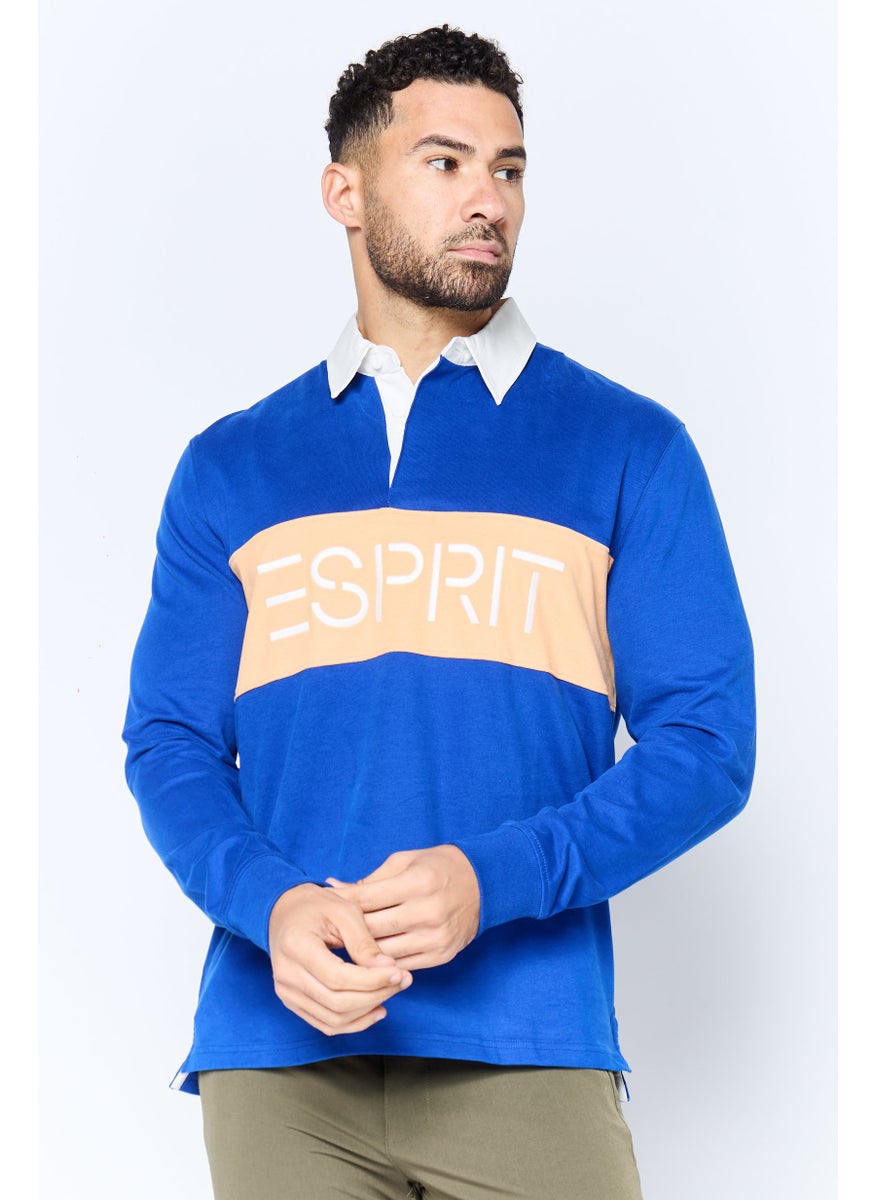 Men Regular Fit Embroidered Logo Long Sleeves Polo Shirt, Blue