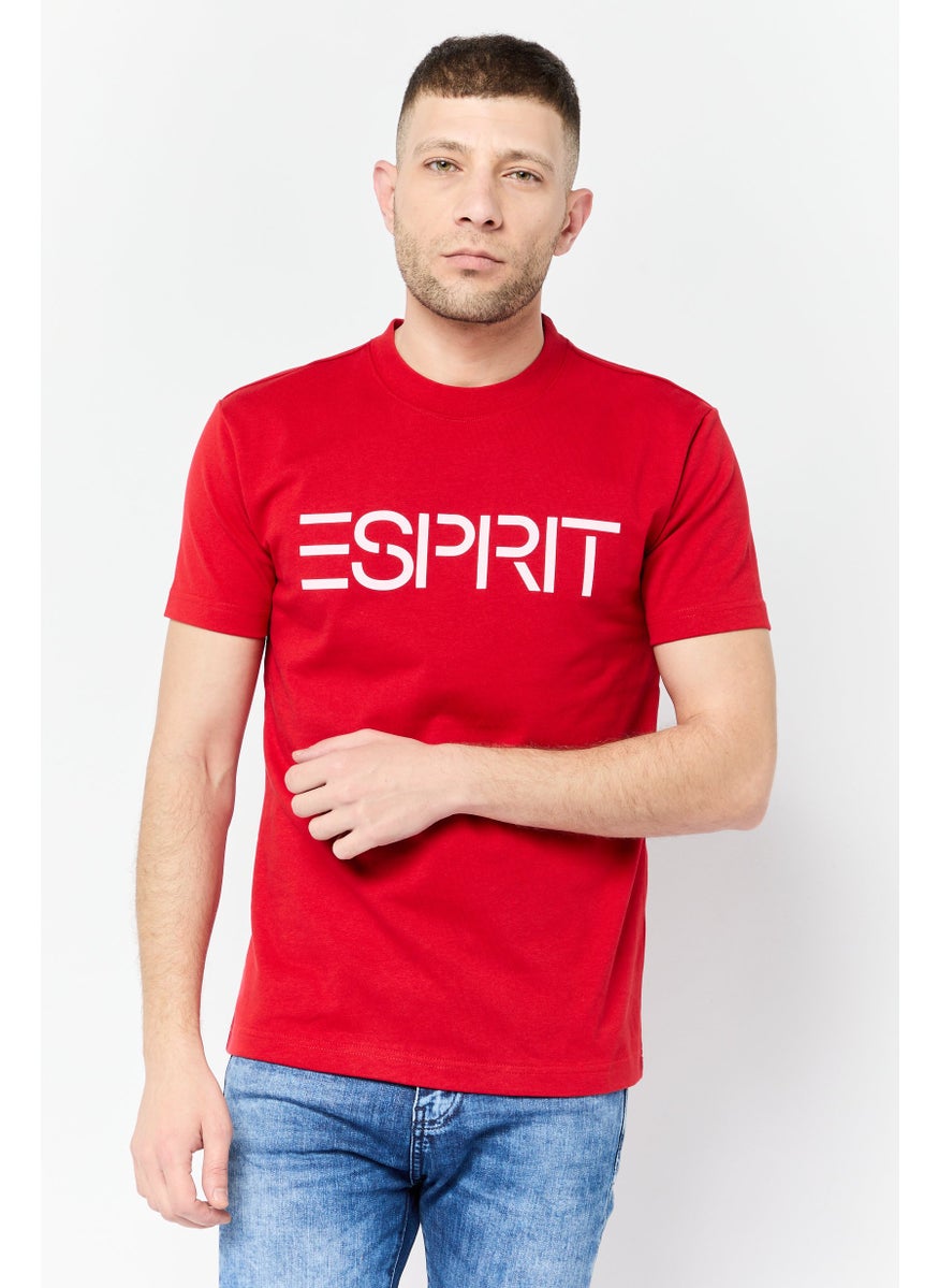 Men Crew Neck Short Sleeves Brand Logo T-Shirt, Red