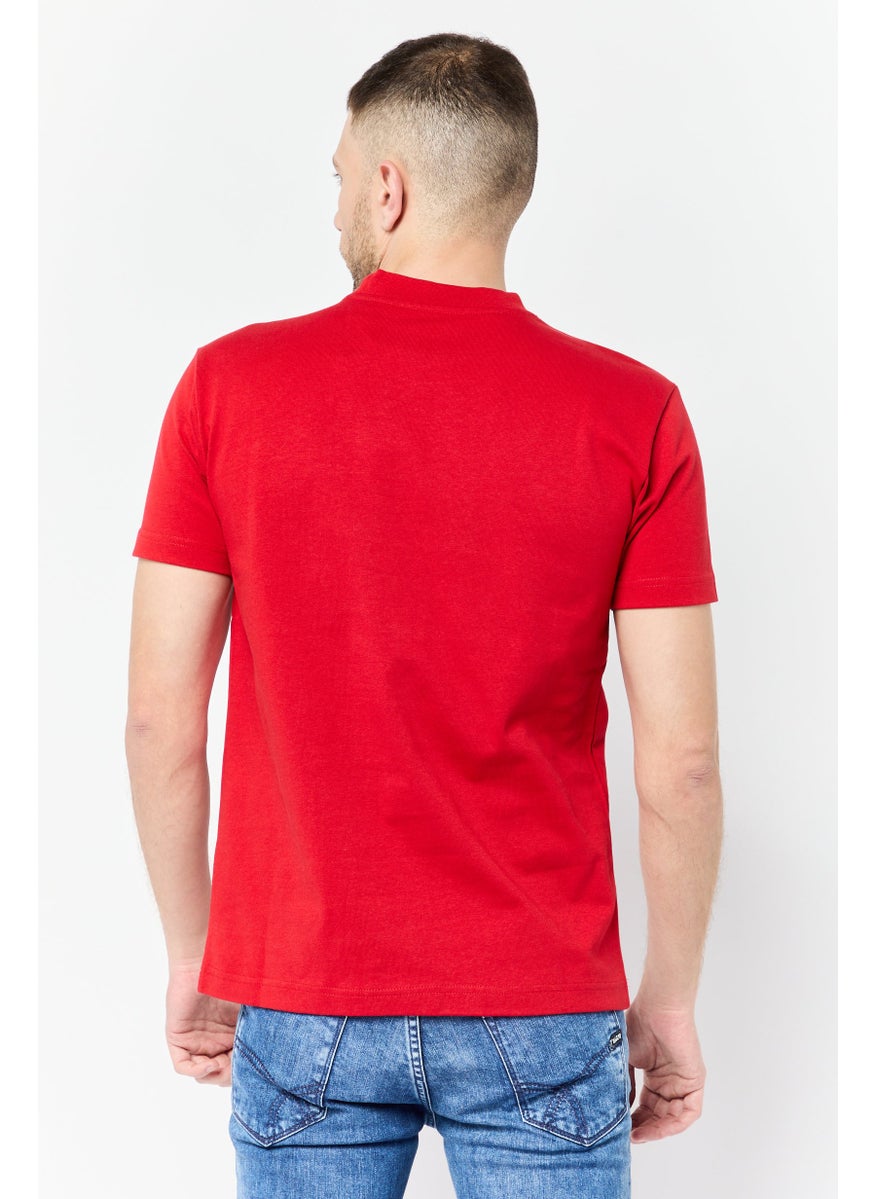 Men Crew Neck Short Sleeves Brand Logo T-Shirt, Red
