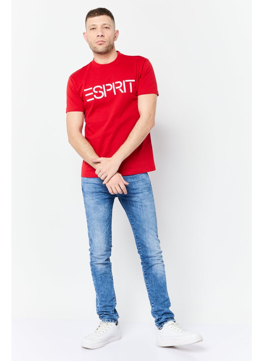 Men Crew Neck Short Sleeves Brand Logo T-Shirt, Red