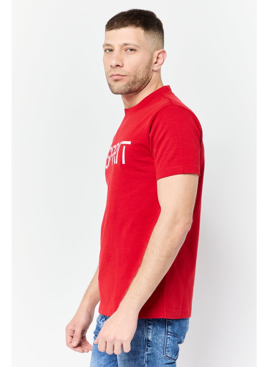 Men Crew Neck Short Sleeves Brand Logo T-Shirt, Red