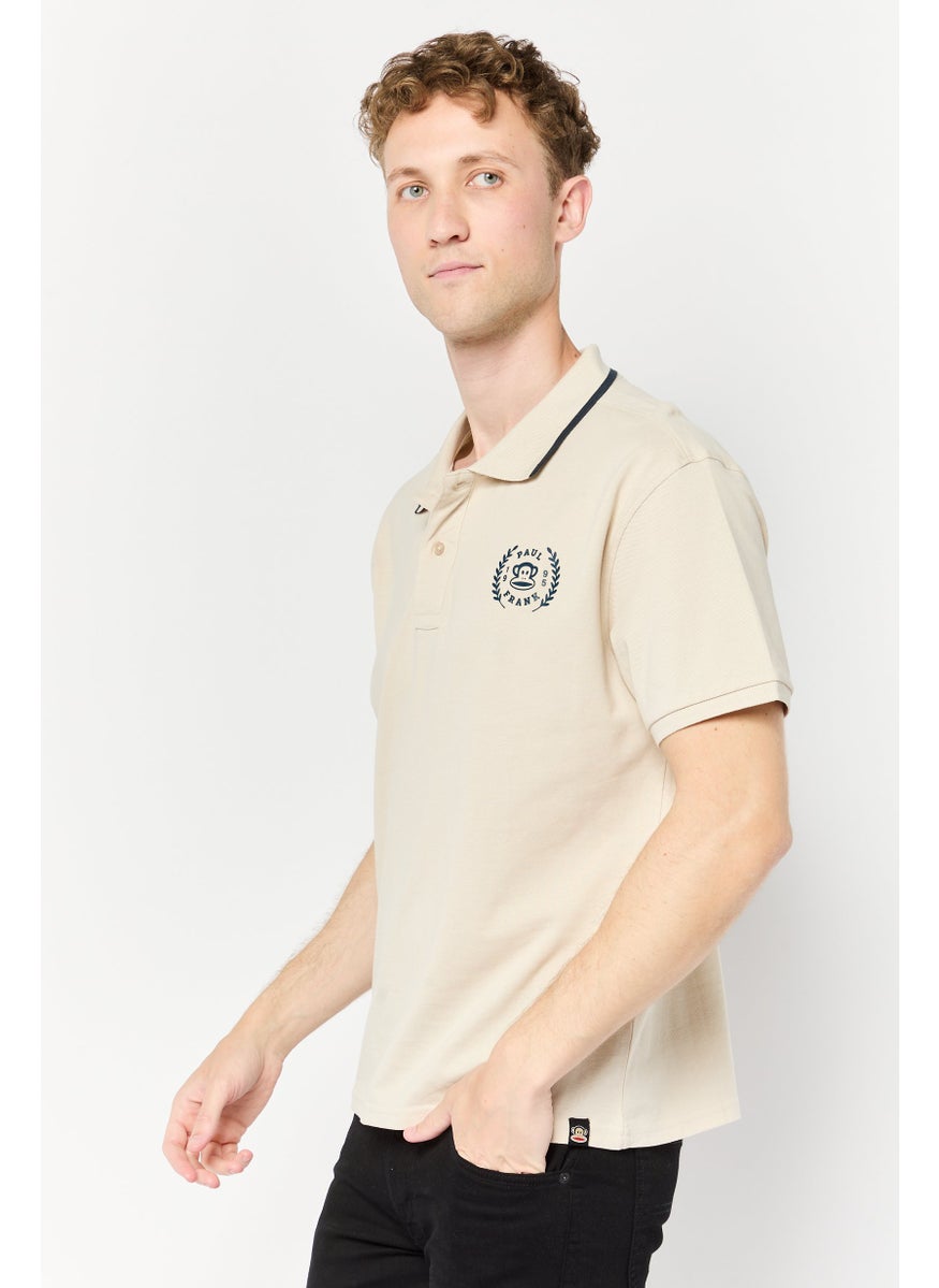 Men Regular Fit Graphic Print Short Sleeves Polo Shirt , Beige