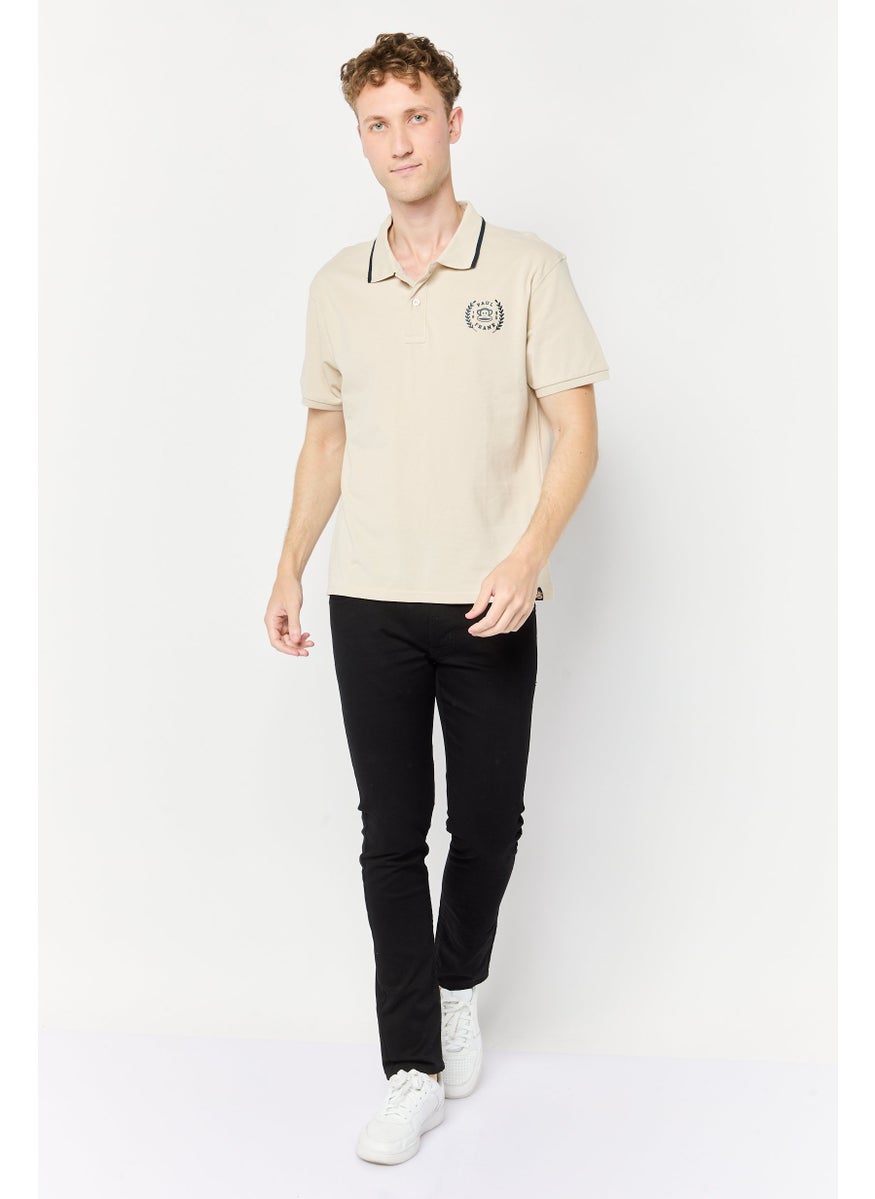 Men Regular Fit Graphic Print Short Sleeves Polo Shirt , Beige