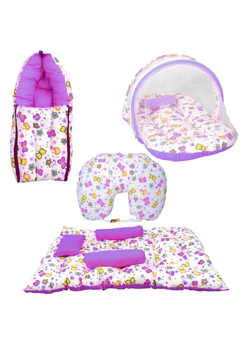 Kids Charm Butterfly 4 PCS Combo Set3 in 1 Babys Cotton Carry Bed5 in 1 Babys Cotton Breast Feeding Pillow2 in 1 Cotton Bed with Mosquito Net2 in1 Sleeping Bed for 04 MonthsViolet