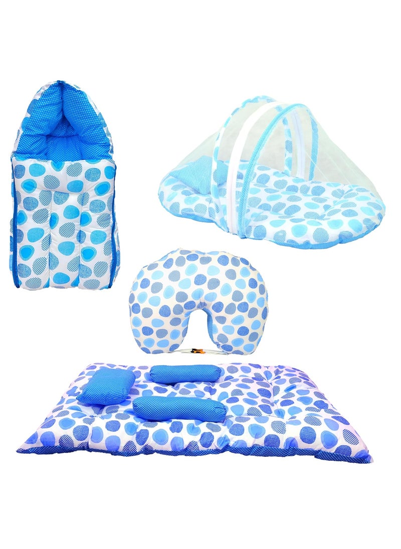 Kids Charm Ovally 4 PCS Combo Set 3 in 1 Babys Carry Bed5 in 1 Babys Feeding Pillow with Safety Belt2 in 1 Babys Cotton with Mosquito Net2 in 1 Babys Sleeping Bed for 04 Months Blue