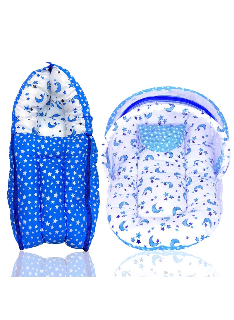 Kids Charm Star Moon 2 PCS Combo Set 3 in 1 Babys Cotton Cum Carry Bed2 in 1 Babys Cotton Bed with Mosquito Net for 48 Months Blue