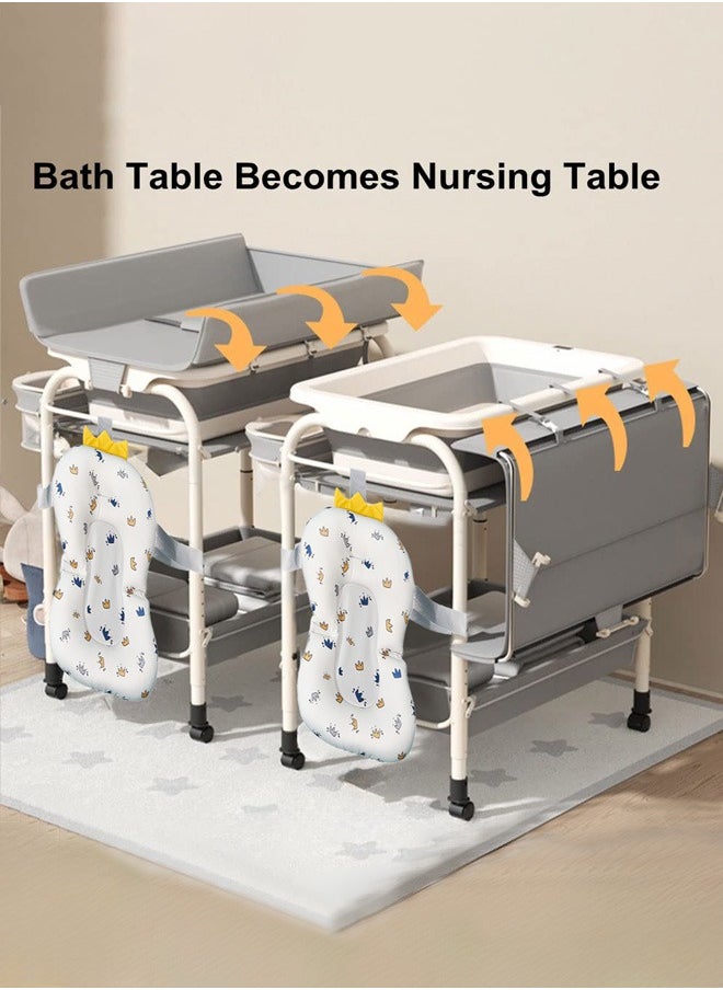 2 in 1 Baby Bathtub with Changing Table, Waterproof Diaper Changing Station Portable Changing Table Adjustable Height Nursery Organizer with Storage Racks for Newborn Infant Toddler